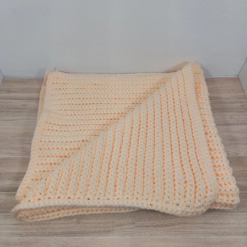 Crochet Small Throw Blanket, Lap Or Crib Blanket, Pale Peach Handmade  43